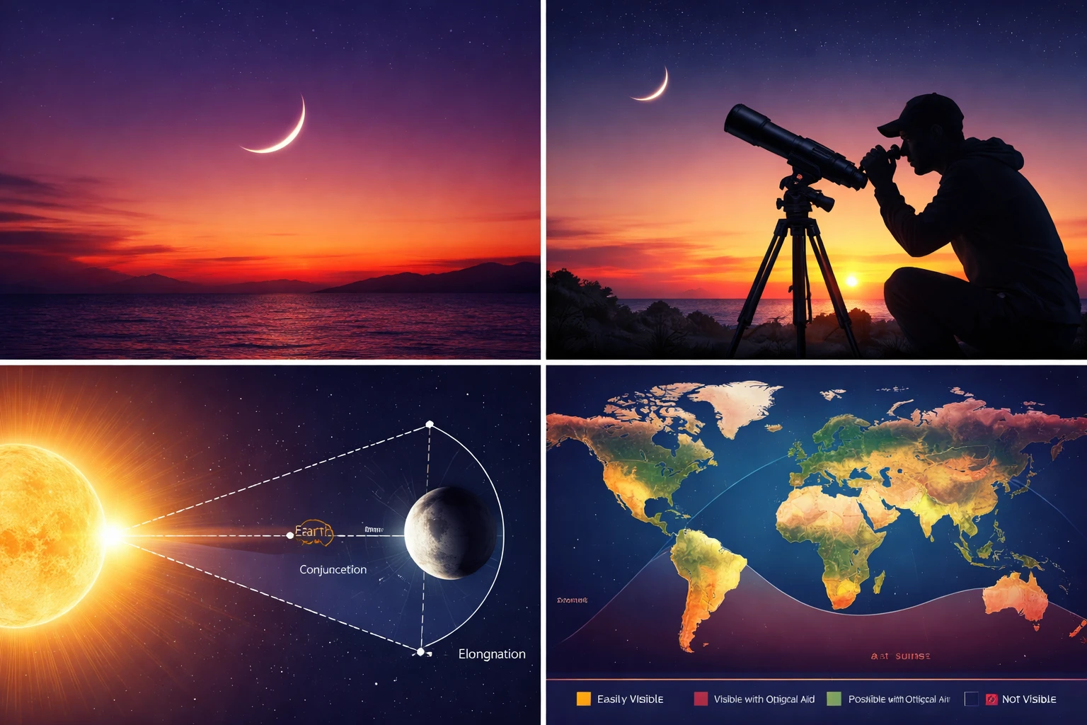 Ilustrasi ilmiah fenomena hilal sebagai peristiwa lokal: sabit Bulan tipis saat Matahari terbenam, observasi rukyat dengan teleskop, diagram konfigurasi Bumi–Bulan–Matahari yang menunjukkan konjungsi dan elongasi, serta peta zona visibilitas global yang menegaskan bahwa keterlihatan hilal berbeda di setiap wilayah sesuai hukum astronomi. (Ilustrasi dibuat oleh AI: Chat GPT).